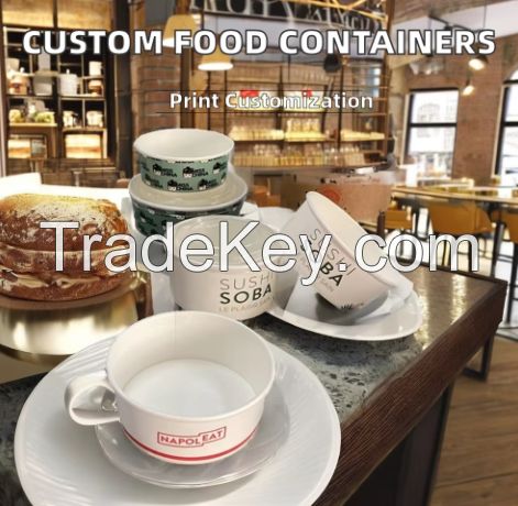 Custom Logo Disposable Kraft Single Wall Paper Containers for Food Packing Salad Rice Soup Pasta Sushi Lids with Noodles