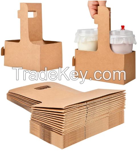 2 ,4Cups Disposable Drink Carrier with Handle Brown Kraft Paperboard Cup Holder