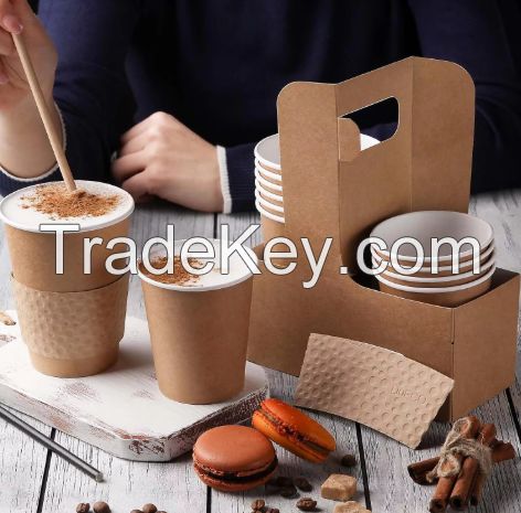 2 ,4Cups Disposable Drink Carrier with Handle Brown Kraft Paperboard Cup Holder