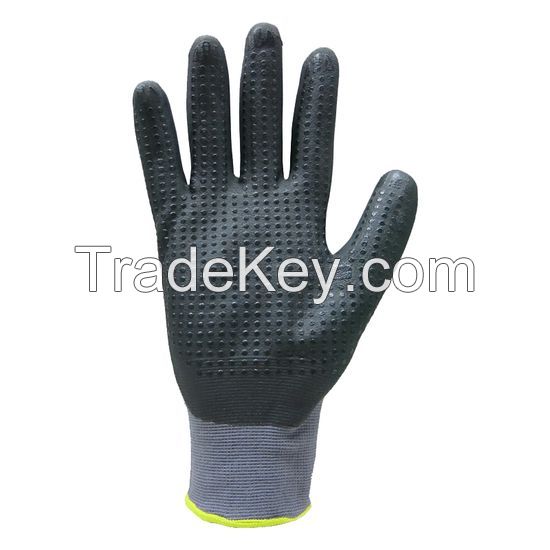 DDsafety15+years low-cost manufacturer gloves.Black Ultra-Thin Nitrile Foam Palm Coated Glove with Tacky Dot Grip