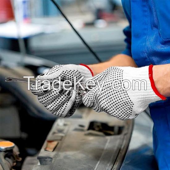 Bleach cotton/polyester string knit.Black pvc dots both sides.DDsafety 77+countries low-cost manufacturer gloves.CE/ISO standards work gloves