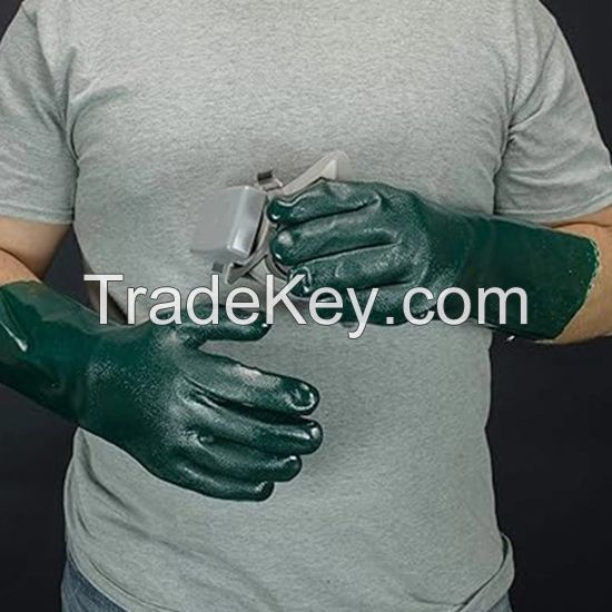 DDsafety 77+countries,35cm Long Factory Wholesale double Dipped Dark green PVC Oil Chemical Resistant Industrial Working Gloves