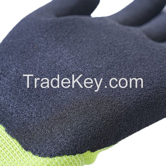 DDsafety EXPORT 77+countries low-cost manufacturer gloves 13-Gauge, Hi-Vis Green Nylon Shell, Black Foam Latex Palm Coating Work Gloves