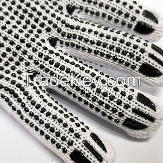 Bleach cotton/polyester string knit.Black pvc dots both sides.DDsafety 77+countries low-cost manufacturer gloves.CE/ISO standards work gloves