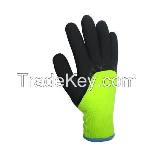 DDsafety 77+countries 15+years low-cost manufacturer gloves. 10 gauge fluorescence green cotton / polyester shell with napping liner.black latex foam coated