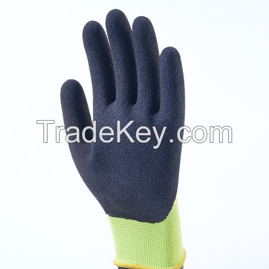DDsafety EXPORT 77+countries low-cost manufacturer gloves 13-Gauge, Hi-Vis Green Nylon Shell, Black Foam Latex Palm Coating Work Gloves