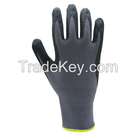 DDsafety15+years low-cost manufacturer gloves.Black Ultra-Thin Nitrile Foam Palm Coated Glove with Tacky Dot Grip