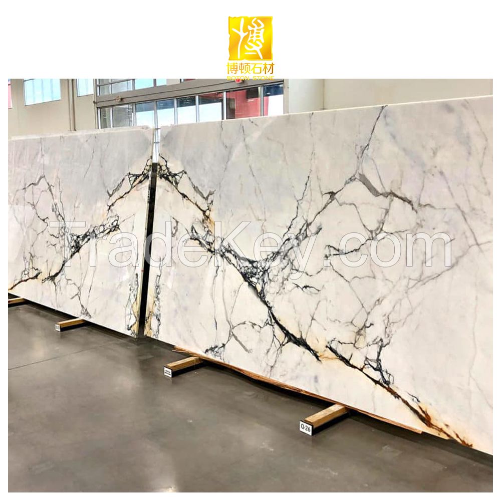 BOTON STONE Natural Stone Polished White Marble Wall Tile Living Room Floor Stone Veneer Sheet Bookmatched Marble Slab