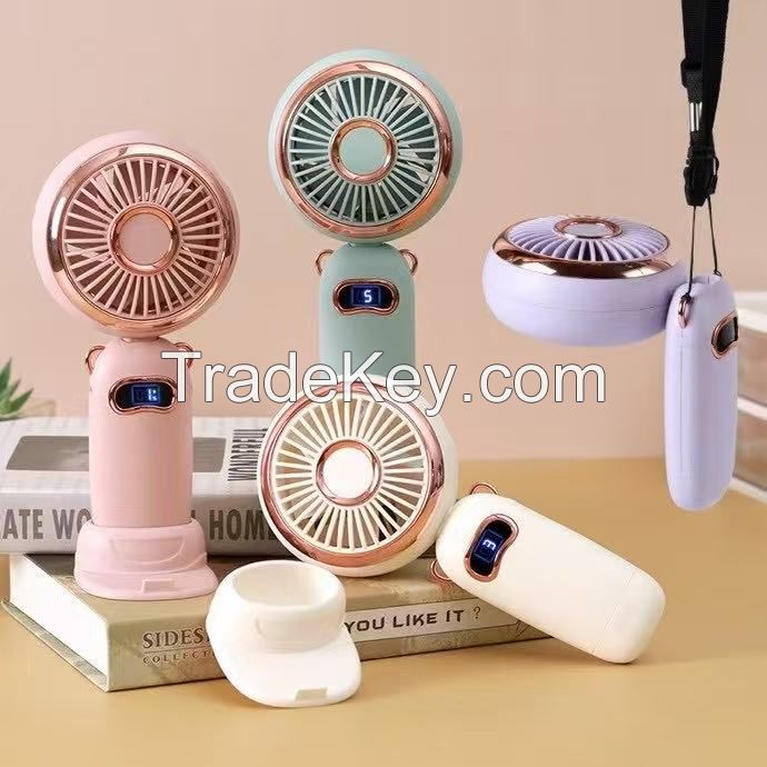 USB Handheld Mini Fan Foldable Portable Neck Hanging Fans 5 Speed USB Rechargeable Fan with Phone Stand and Display Screen