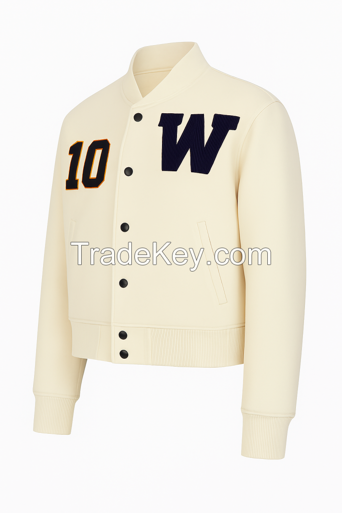 Custom New Wight Color Casual Wear Bomber Jacket with Snap Button Closure With Genuine Leather for Seasonal Wear