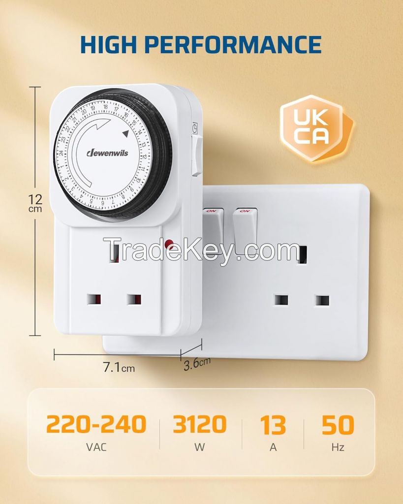 DEWENWILS Timer Plug Socket UK, 24 Hour Programmable Energy Saving Light Timer for Home Security, Lamp, Router Christmas Light, Coffee Machine, Home Appliances, CE Listed (3 Pack)