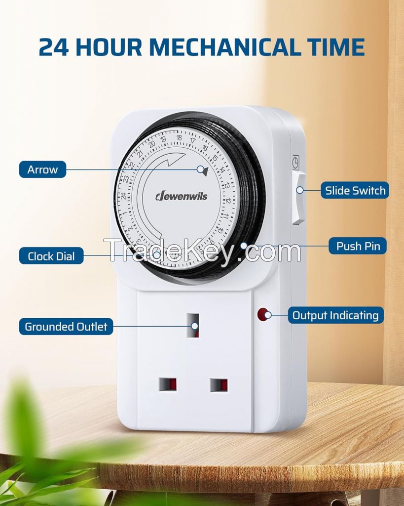 DEWENWILS Timer Plug Socket UK, 24 Hour Programmable Energy Saving Light Timer for Home Security, Lamp, Router Christmas Light, Coffee Machine, Home Appliances, CE Listed (3 Pack)
