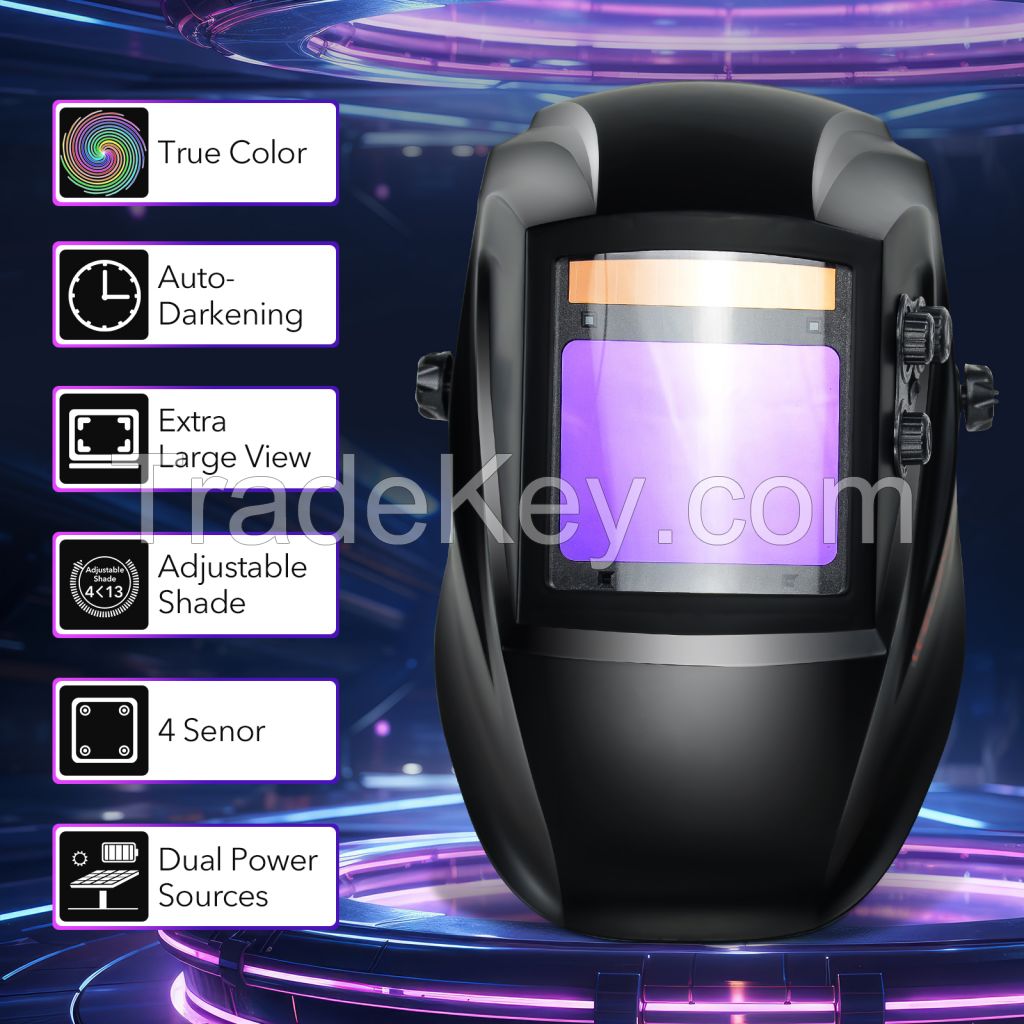 TRQ Welding Helmet Auto Darkening Large Viewing True Color Solar Powered with 4 Arc Sensor Adjustable Wide Shade Range 4~5-8/9-13