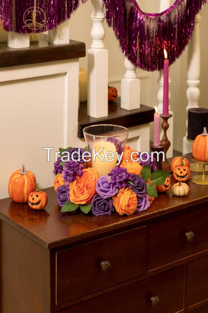 TINGE TIME Rose Artificial Flowers Combo, Gradient Color Faux Foam Roses with Stems for DIY Wedding Bridal Shower Party Table Centerpieces Fake Floral Arrangement Home Decor(Burnt Orange and Purple)