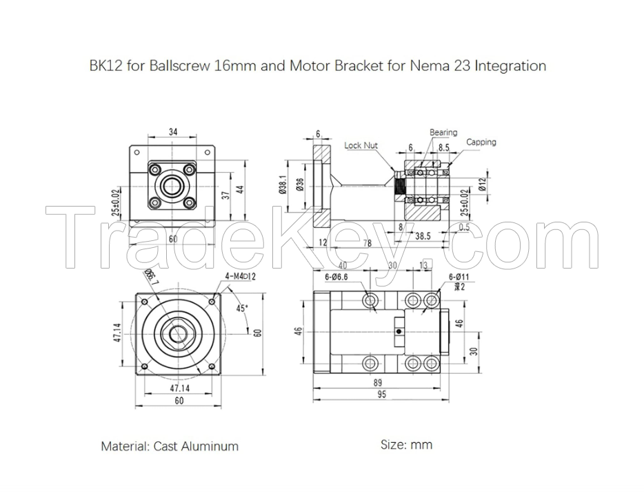 Motor Mounting Bracket and BK12 Bearing End Support Block for Nema 23 Stepper Motor and Ball Screw 16mm Ballscrew SFU1604 SFU1605 SFU1610 as CNC Kit Parts