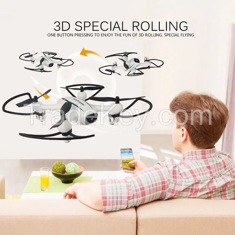 Four rotor self timer drone features a 3D flip with a camera in altitude holding mode