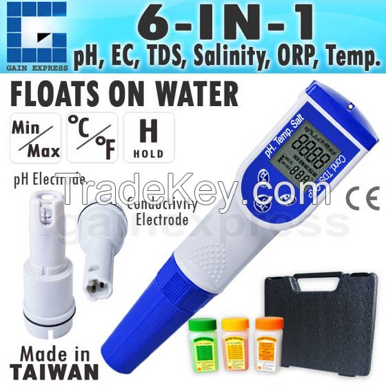 6-in-1 Pen type Water Quality Meter pH Temperature Conductivity EC TDS Salt Tester optional ORP ( Made in Taiwan )