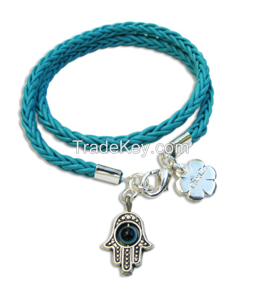 Silver Hamsa leather bracelet, friendship wrap bracelet