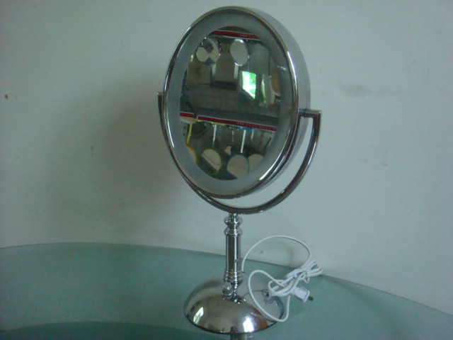 Lighted mirror with metal stand