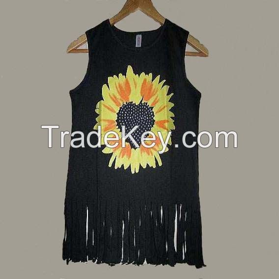 Girls&#039; fashion printing rhinestone vest with fringe