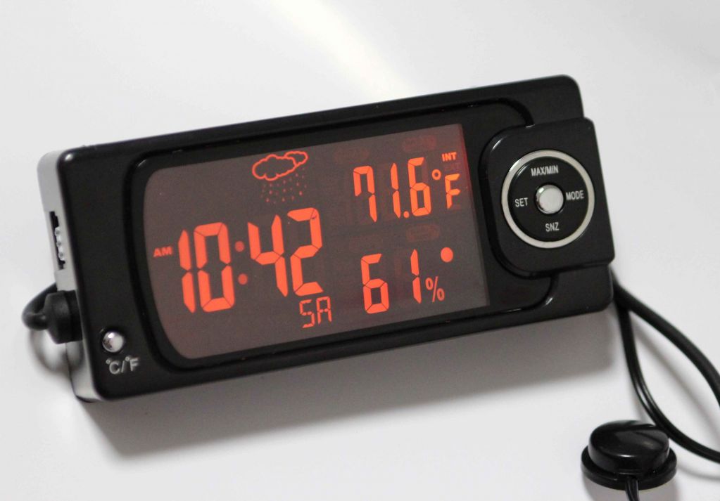 Car clock with weather indication, humidity and in out thermometer