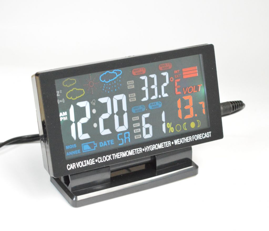 Car voltage meter with in/out thermometer, humidity, weather indication, moon phase