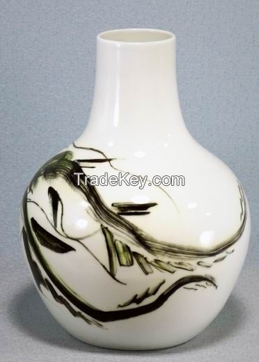 Oriental High Quality Bone porcelain flower vase, decorated by Chinese ink painting in Decal ceramic, by Qi Fu