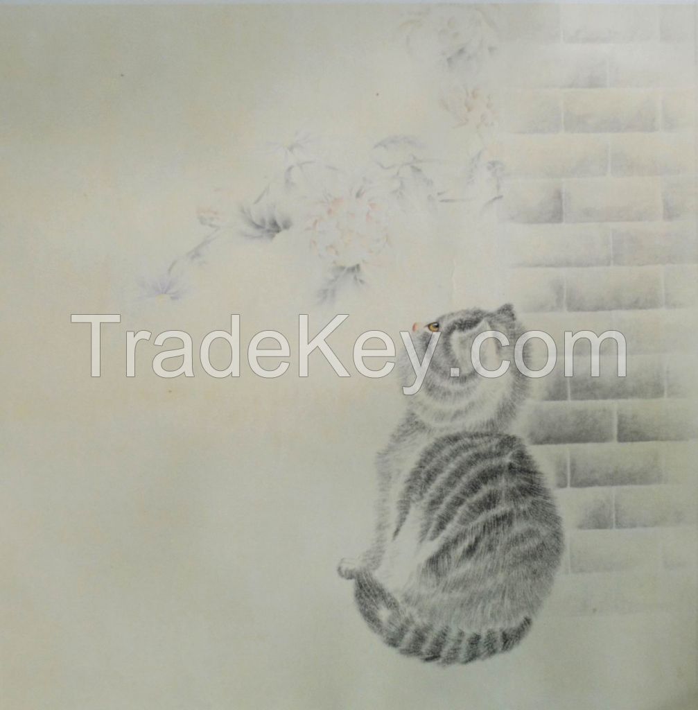 Famous artists for Original Oriental Chinese Painting, theme cat, gongbi painting