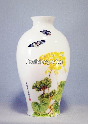 Oriental High Quality Bone porcelain flower vase, decorated by Chinese ink painting in Decal ceramic, by Qi Fu