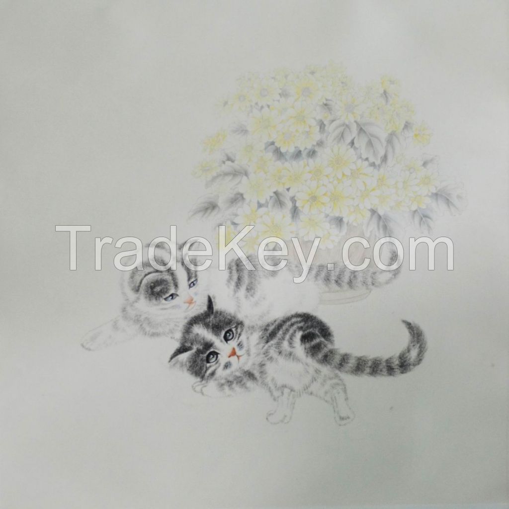 Famous artists for Original Oriental Chinese Painting, theme cat, gongbi painting