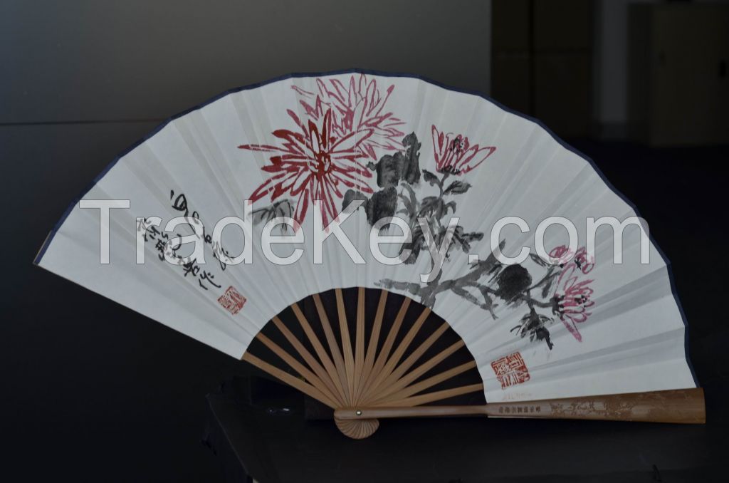 Oriental Chinese painting on folding fan, wholesale handmade bamboo silk paper folding fan