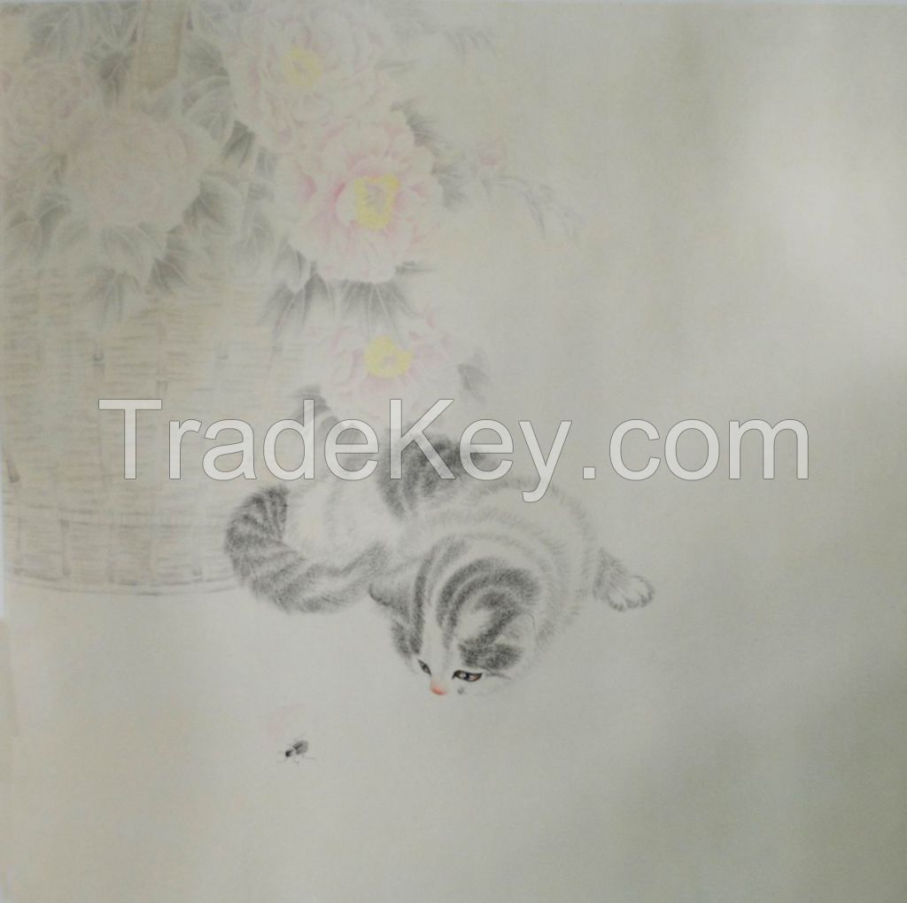 Famous artists Qi Fu, Original Oriental Chinese Painting, theme cat, gongbi painting