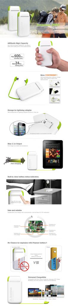 6800mAh power bank with detachable cable design