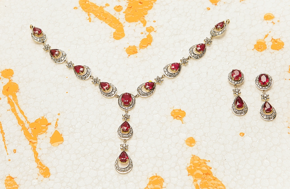 Diamond &amp; Ruby necklace + Earring set