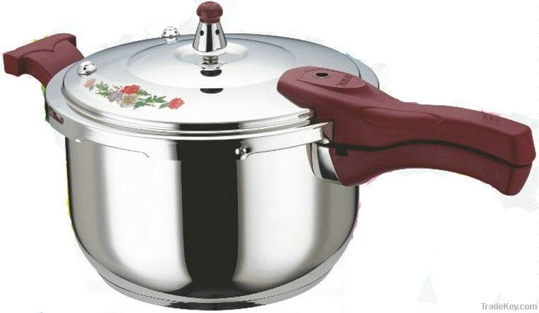 stainless steel pressure cooker with flower on lid