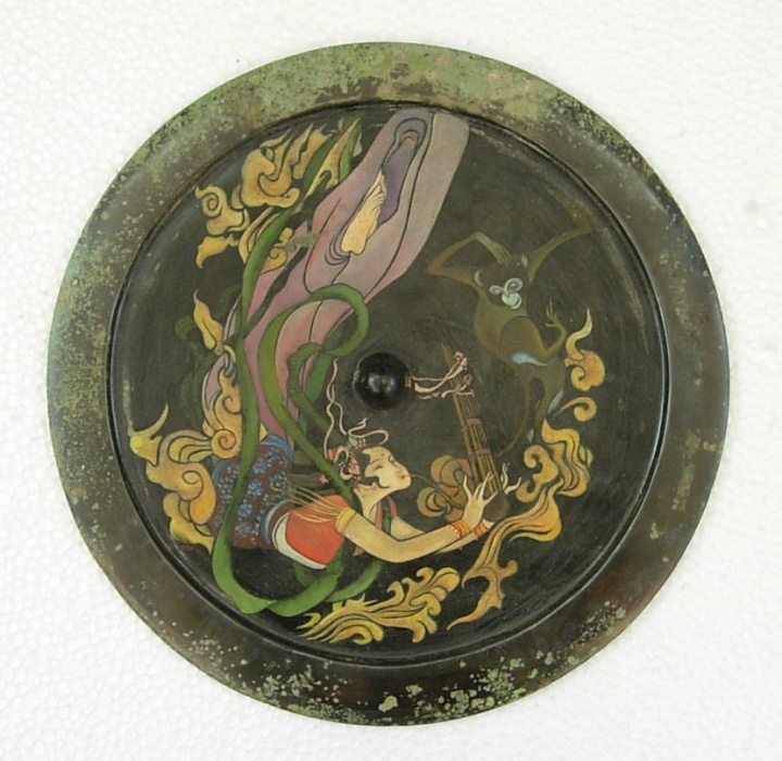 Exquiste Chines Bronze Mirror With Coloured Drawing 635