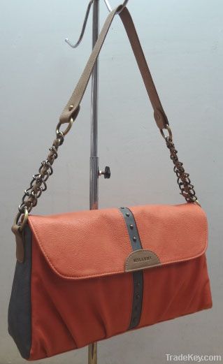 Flap handbag with metal chain handles