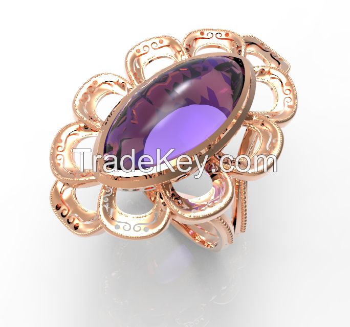 925 Sterling Silver Women's Carve Rope Wavy Ring with Amethyst Bead Stone in Varies Color