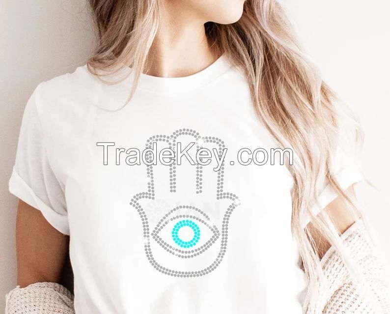 Custom Rhinestones Women T- Shirts Transfer Strass Hamsa Hand Motif Evil Eye Hot-fix Iron on Rhinestone Transfer for Shirts