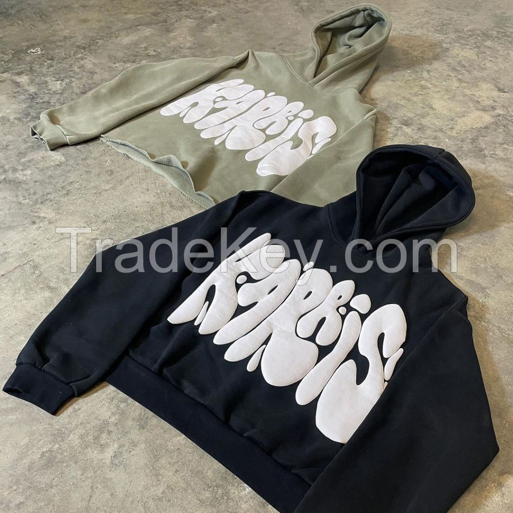  Custom Puff Printing Sun-Faded Acid Wash Hoodie with a French Terry Cotton Raw Hem Cropped Pullover