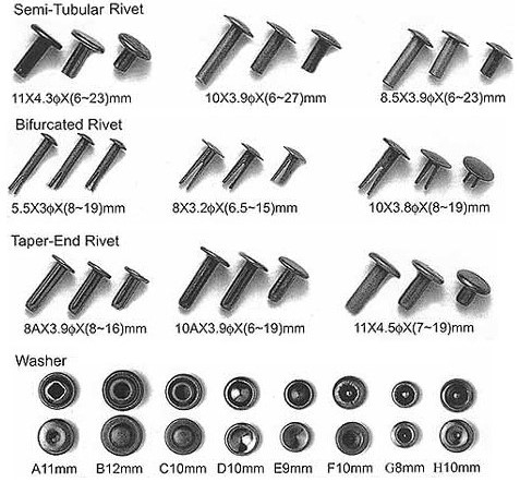 rivet, tubular rivet, split rivet, bifurcated rivet, metal rivet