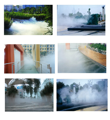 mist fountain, fog fountain, programed fountain