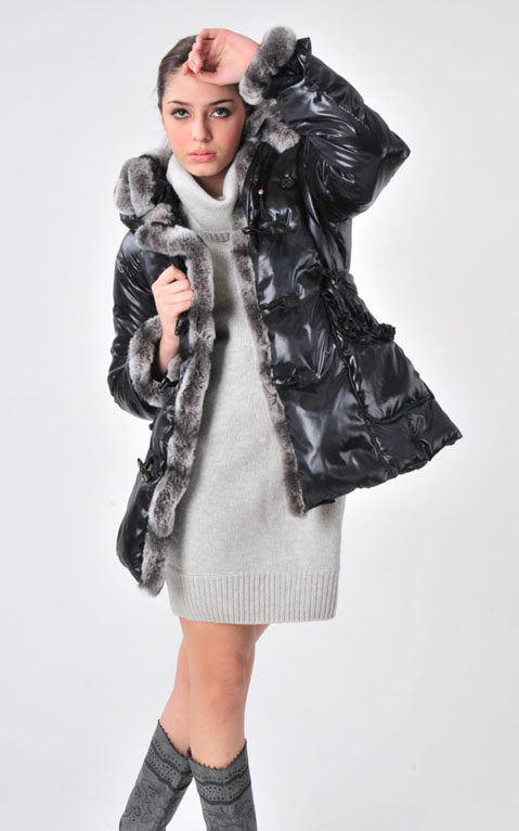 ladies goose down puffer coat with rabbit fur trims, shining coated