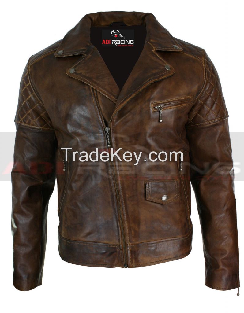 Mens Vintage Distressed Brown Real Leather Biker Jacket Cross Zip Retro All Size