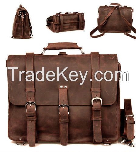 Men Large 17&quot; Genuine Saddle Leather Messenger Bags Briefcase Laptop Backpack