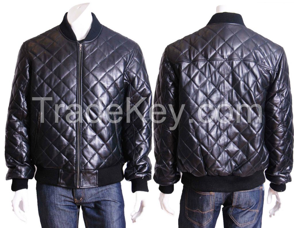 MEN BLACK MOTO QUILTED BOMBER LEATHER BIKER JACKET ALL SIZES