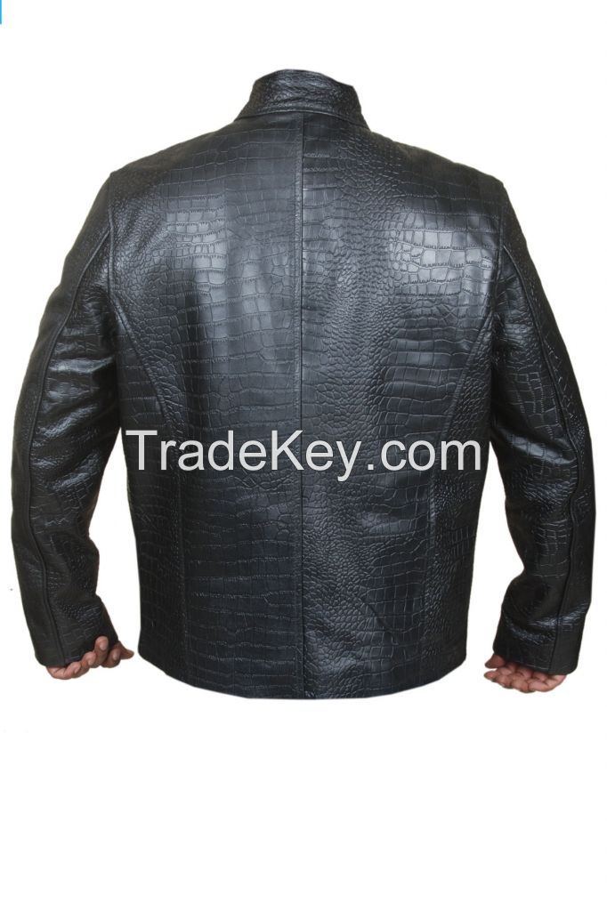 ITALIAN HANDMADE MEN LEATHER SLIM FIT JACKET CROCODILE BLACK ALL SIZES S,M,L,XL