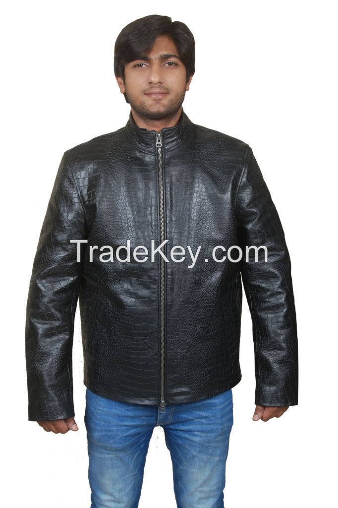 ITALIAN HANDMADE MEN LEATHER SLIM FIT JACKET CROCODILE BLACK ALL SIZES S,M,L,XL