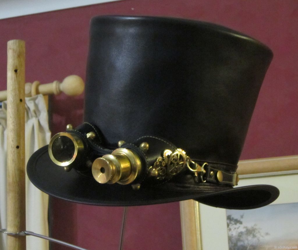 Genuine Black Leather Steampunk Top Hat with Aviator goggles