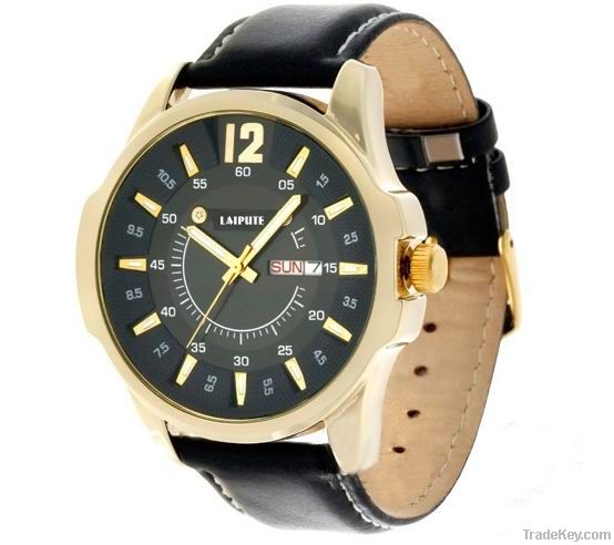 2013 round gold plating adventure leather band men wrist watch